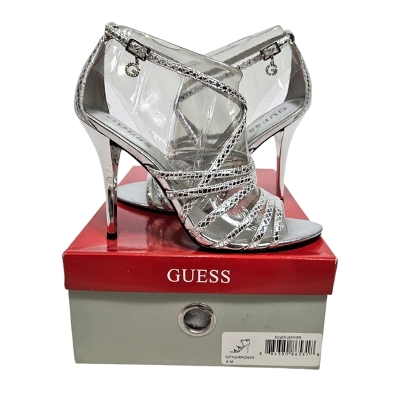 Guess Metallic Silver Leather Strappy Stiletto High Heels Size 6 Women's - Picture 12 of 13